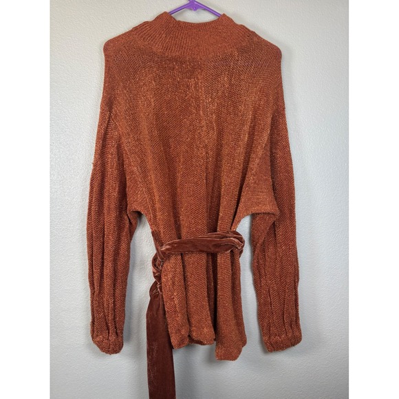 Free People Womens XS Rust Orange Metallic Velvet Tie Waist‎ Mock Neck Sweater - Picture 6 of 10